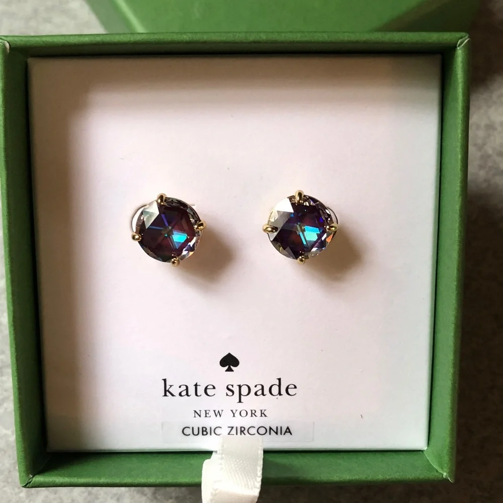 kate spade Bright Ideas Gold Tone & Iridescent Berry Round CZ Stud Earrings NIB